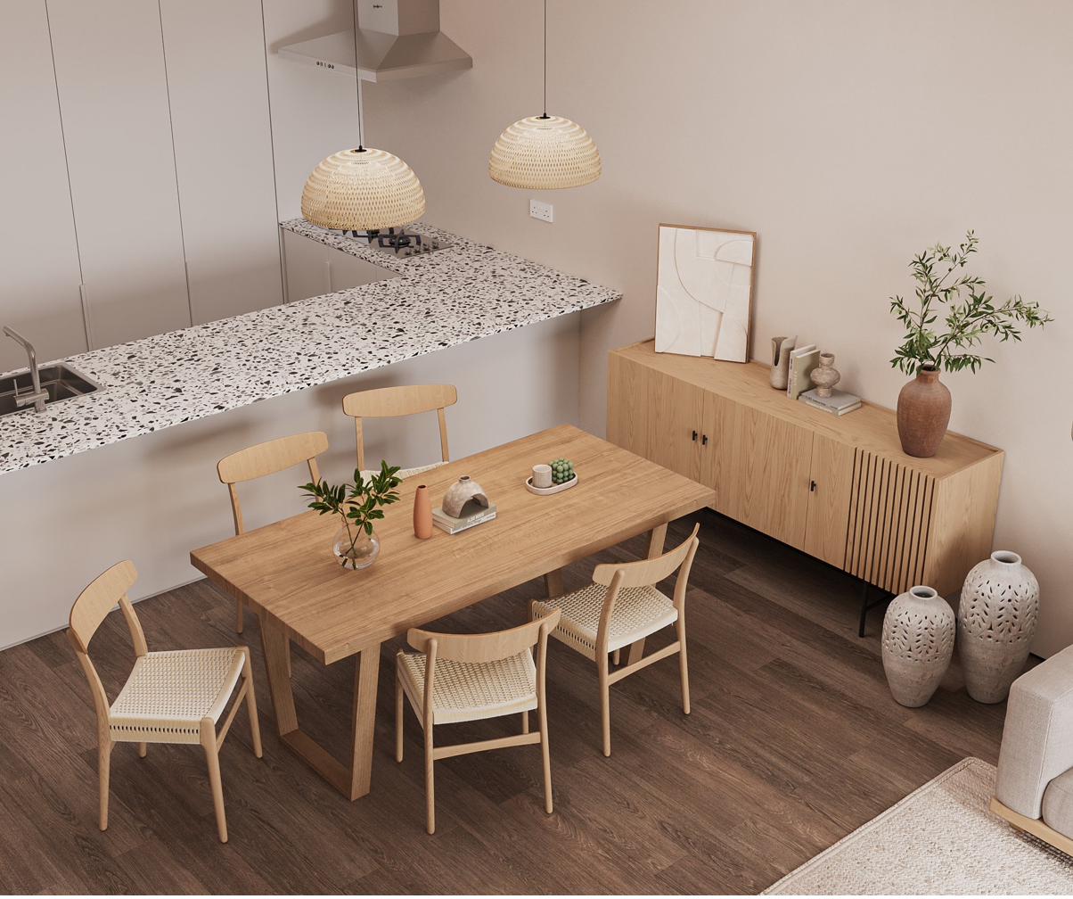 Roooms Badia furnished dining area Dubai — dining table chairs and sideboard